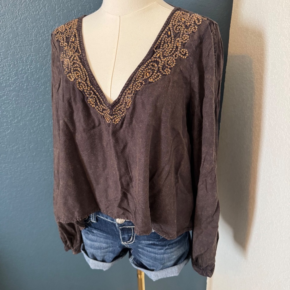 Boho Indie Embroidered Ecote Cold Shoulder Top Medium Brown